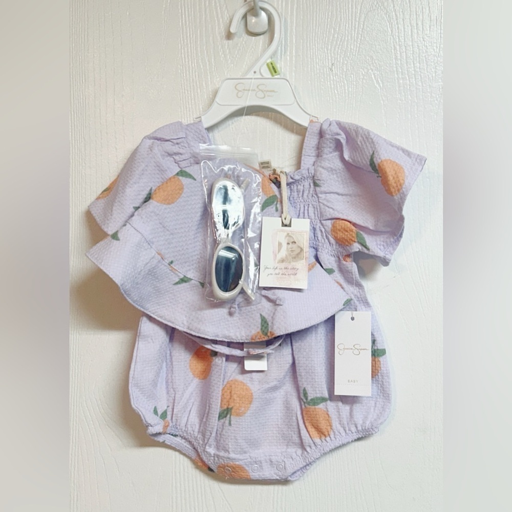 Jessica Simpson Infant Romper Lavender Oranges Hat Sunglasses Size 3/6m NWT